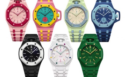 Eight colorful Swatch Royal Pop watches arranged in two rows showing pink, yellow, turquoise, beige, blue, black, white, and green models.