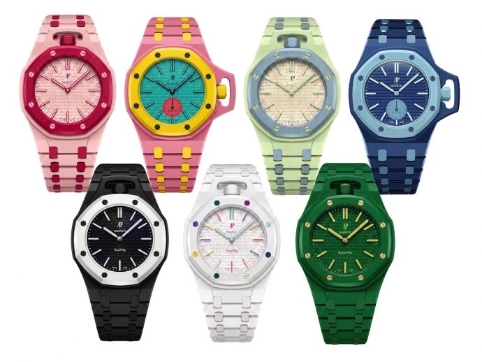 Eight colorful Swatch Royal Pop watches arranged in two rows showing pink, yellow, turquoise, beige, blue, black, white, and green models.