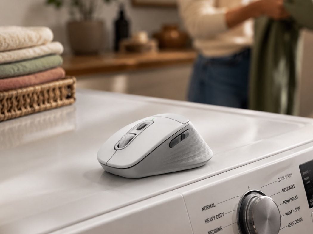 White wireless computer mouse resting on a washing machine, with folded towels and a blurred laundry area in the background.