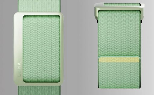 Two views of a rectangular wearable device with a pale metal frame and green chevron-pattern fabric strap; brand text along the side on the left image as a vertical label.