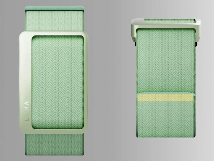 Two views of a rectangular wearable device with a pale metal frame and green chevron-pattern fabric strap; brand text along the side on the left image as a vertical label.