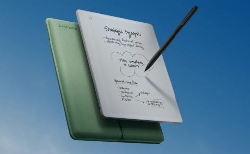 Green reMarkable notebook with open white page and a black stylus, floating against a blue sky.