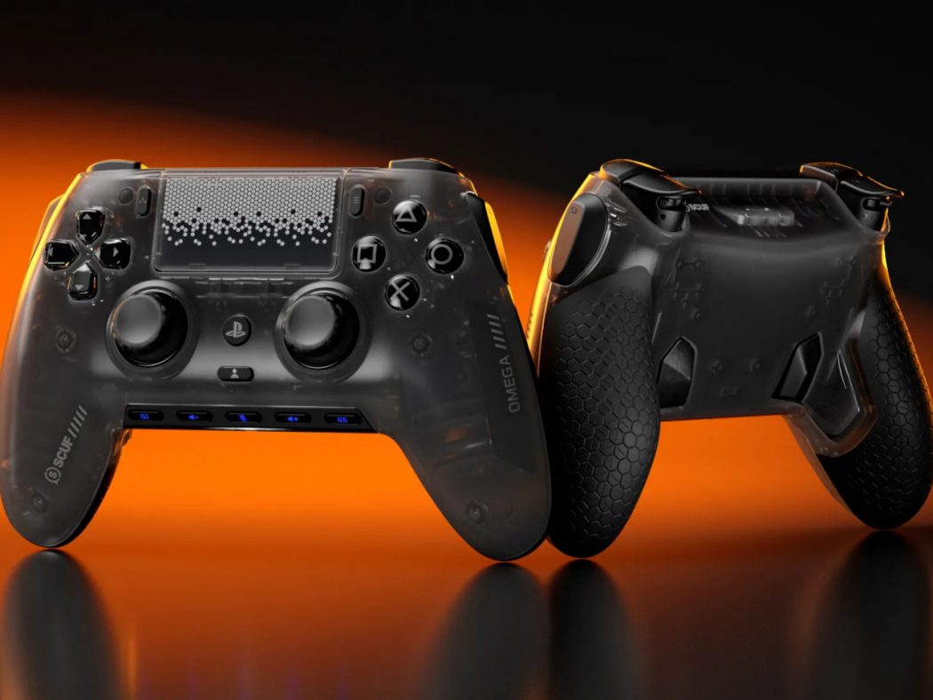 Two dark, transparent-style PlayStation controllers with textured grips sit on an orange-to-black gradient, glowing accents visible on the buttons and touchpad area (console-style gamepad display).
