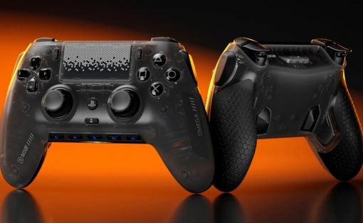 Two dark, transparent-style PlayStation controllers with textured grips sit on an orange-to-black gradient, glowing accents visible on the buttons and touchpad area (console-style gamepad display).