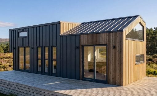 Modern cabin with dark vertical siding and light wood accents on a wide wooden deck.