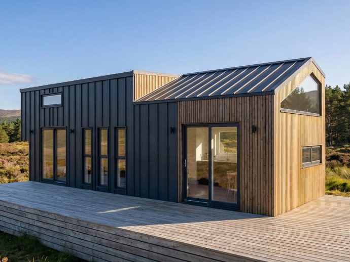 Modern cabin with dark vertical siding and light wood accents on a wide wooden deck.