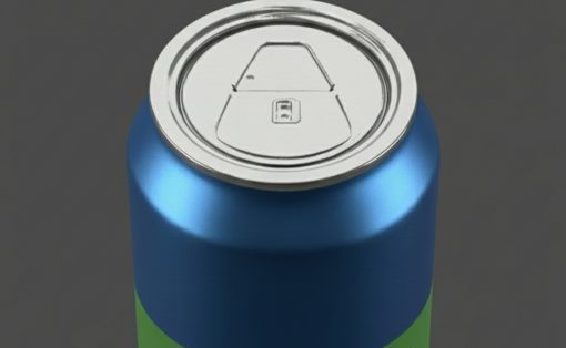 Close-up of a blue aluminum can top with a sealed pull-tab lid, viewed from above against a dark background.