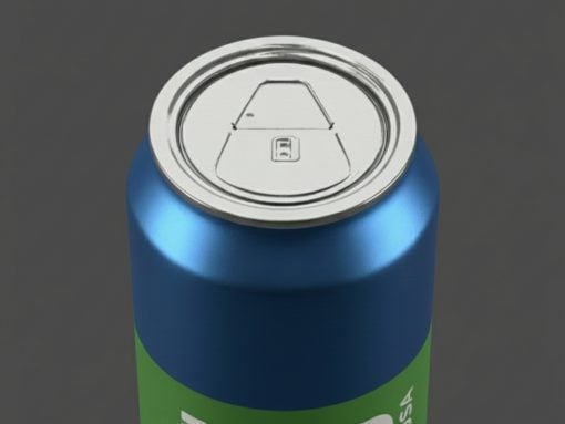 Close-up of a blue aluminum can top with a sealed pull-tab lid, viewed from above against a dark background.