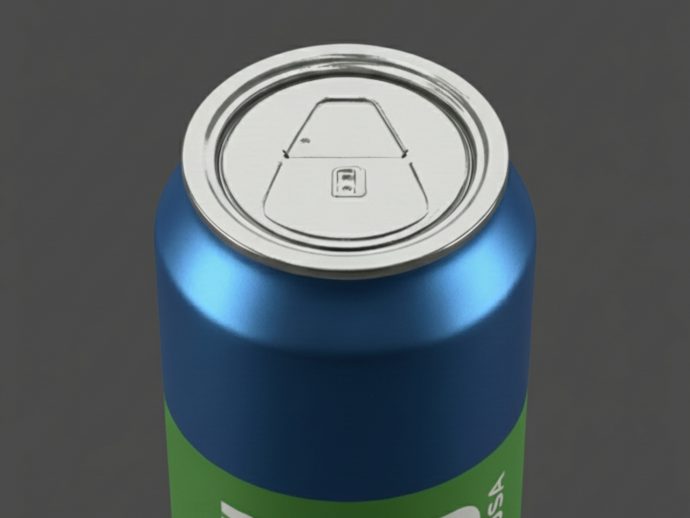 Close-up of a blue aluminum can top with a sealed pull-tab lid, viewed from above against a dark background.