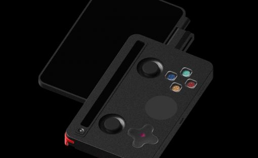 Black handheld game console with a slide-out tray, two thumbsticks, a circular touchpad, and four colored action buttons.