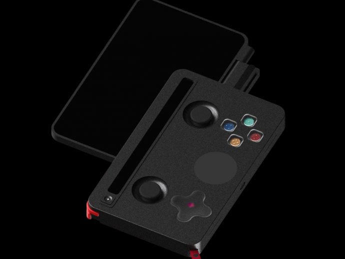 Black handheld game console with a slide-out tray, two thumbsticks, a circular touchpad, and four colored action buttons.