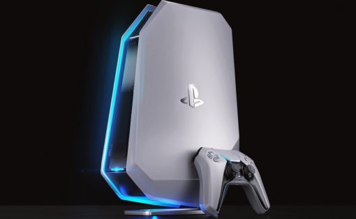 PlayStation 5 console on a glowing blue-lit stand with a DualSense controller in front.
