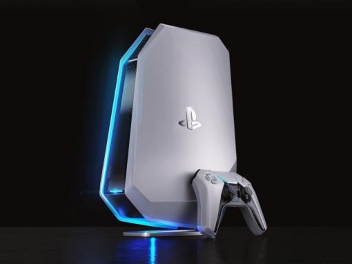 PlayStation 5 console on a glowing blue-lit stand with a DualSense controller in front.