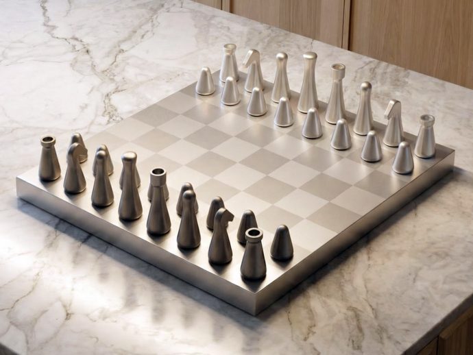 Metal chess set with abstract conical pieces arranged on a square board atop a marble countertop.