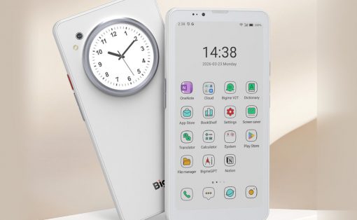 Two white smartphones in a standing pose: one rear view with a large analog clock on the back, the other facing forward showing app icons on the home screen and time 14:38.