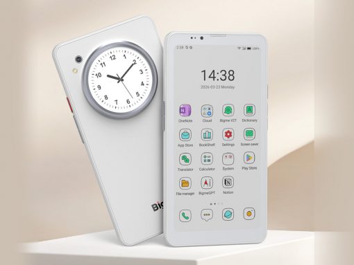 Two white smartphones in a standing pose: one rear view with a large analog clock on the back, the other facing forward showing app icons on the home screen and time 14:38.