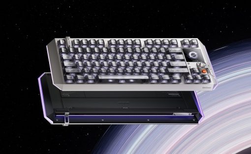 Futuristic mechanical keyboard floating in space above a planet with rings and a starry backdrop menacing purple accents on the edges.