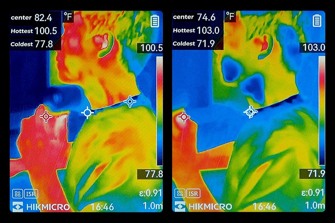 Two side-by-side thermal camera frames from a HikMicro device showing a person in warm colors; left frame lists center 82.4°F, hottest 100.5°F, coldest 77.8°F, right frame lists center 74.6°F, hottest 103.0°F, coldest 71.9°F, with crosshair markers along a line