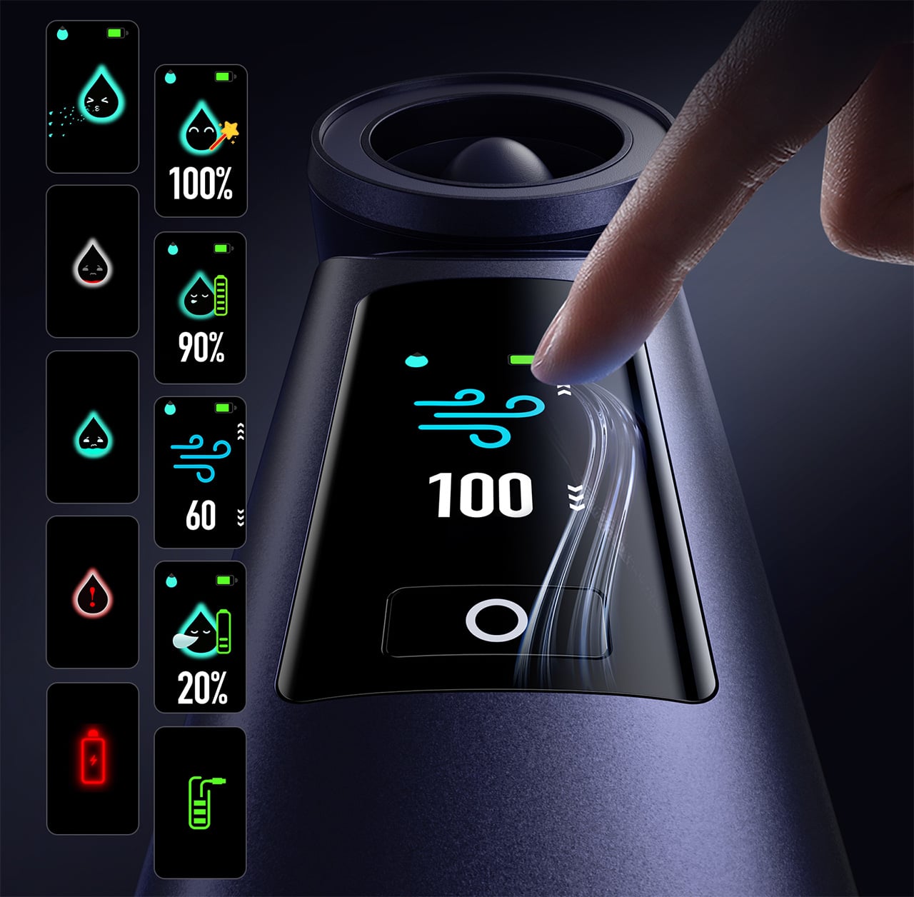 Smart kettle display showing 100% readiness with air/wind icon and finger tapping the lid; side column shows additional status cards with percent values and icons.