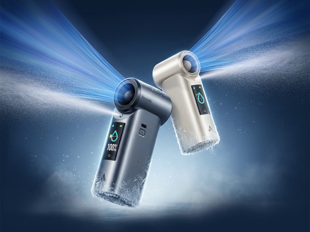 Two handheld vaporizer-like devices with bright digital screens, emitting blue mist against a frosty blue background.
