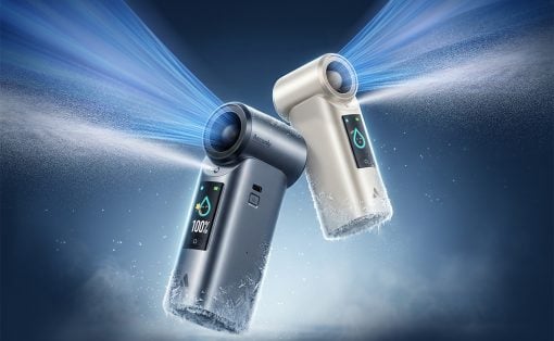 Two handheld vaporizer-like devices with bright digital screens, emitting blue mist against a frosty blue background.