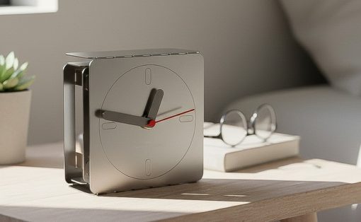 Chrome square desk clock with a circular face and red second hand on a light wood table, with a plant, books, and glasses in the background.