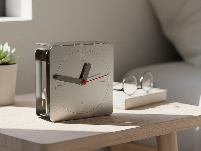 Chrome square desk clock with a circular face and red second hand on a light wood table, with a plant, books, and glasses in the background.