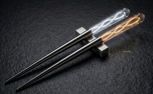 Two glass Edison-style bulbs with spiraling filaments resting in metal clamps on a dark surface.