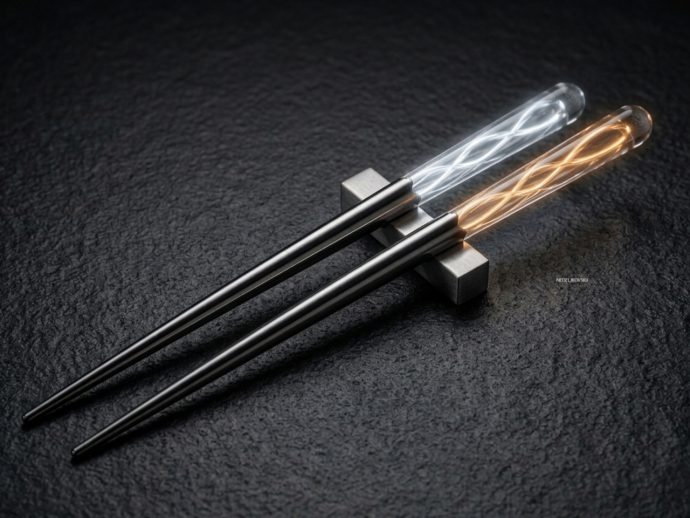 Two glass Edison-style bulbs with spiraling filaments resting in metal clamps on a dark surface.