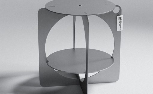 Modern metal sculpture resembling a circular, two-tier stand with curved panels and a tag reading 'Moment Museum Studio'