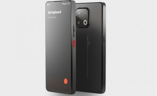 3D render of a black smartphone in a protective case, front view showing the screen with the word 'Springboard' and 'Type anything...,' plus a red side button nearby