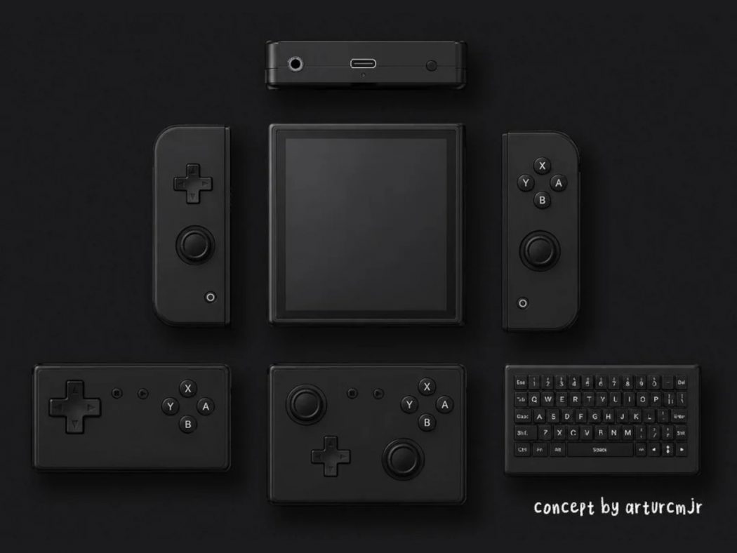 Dark modular gaming console with a square central screen surrounded by handheld controllers and a compact top module; minimalist, monochrome setup.