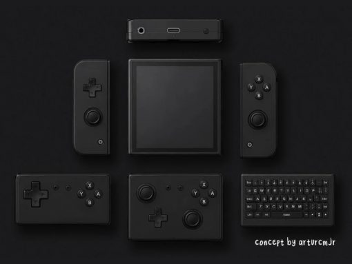 Dark modular gaming console with a square central screen surrounded by handheld controllers and a compact top module; minimalist, monochrome setup.