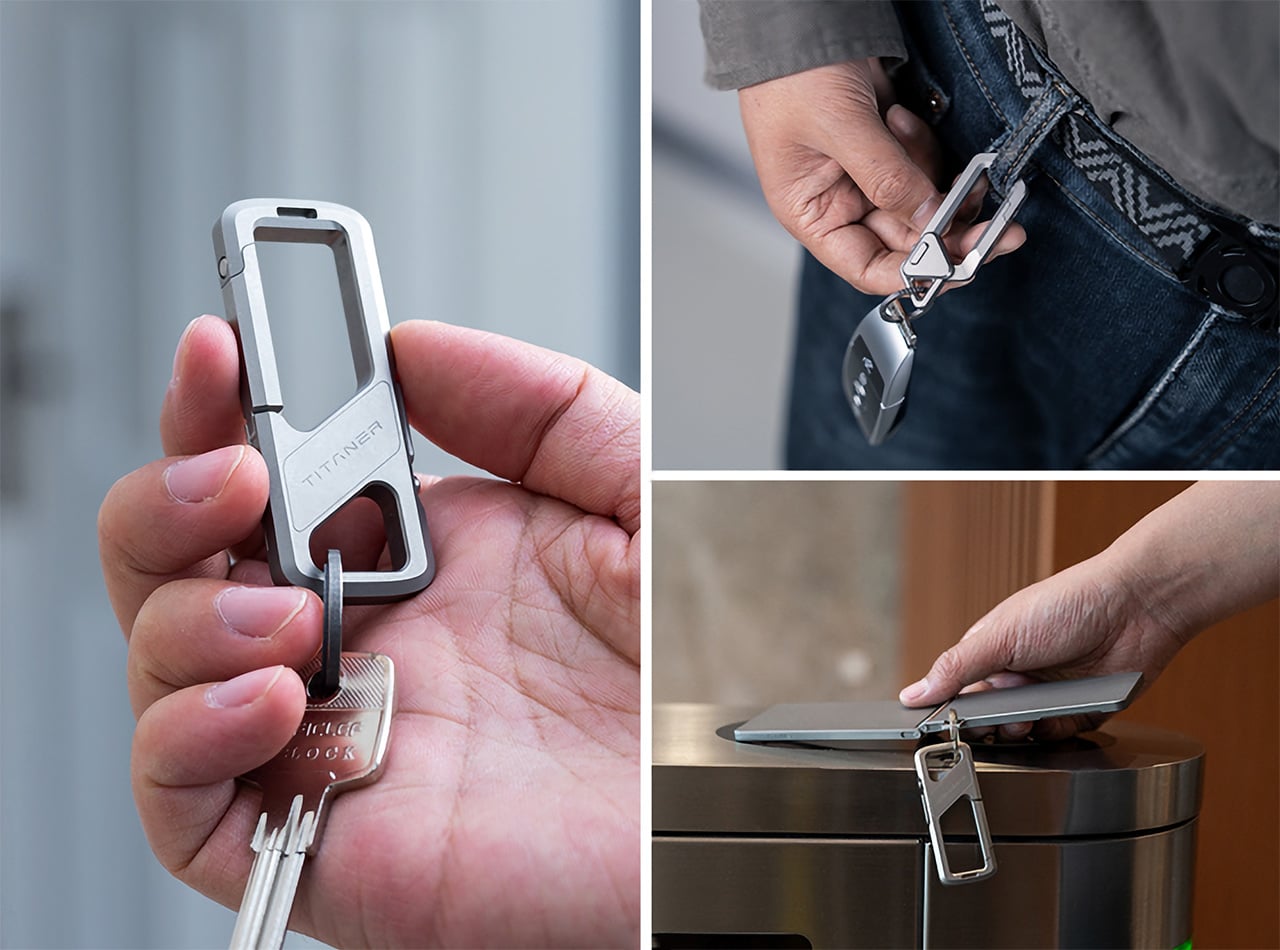 Three-panel collage showing a compact metal key organizer in use: holding a key with the organizer, attaching a keyring to the organizer, and hooking it onto a metal surface.