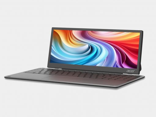 Open Acer laptop on a light background, gray chassis, keyboard visible, with a vibrant abstract wallpaper on screen
