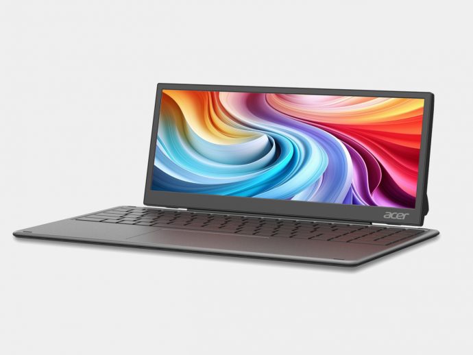 Open Acer laptop on a light background, gray chassis, keyboard visible, with a vibrant abstract wallpaper on screen