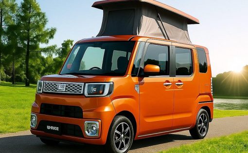Bright orange camper van with a raised pop-up roof parked on a sunlit park road beside a lake and trees