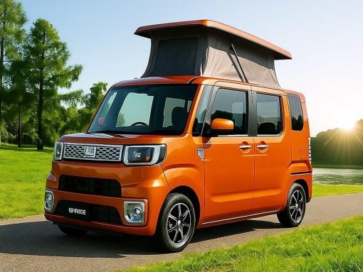 Bright orange camper van with a raised pop-up roof parked on a sunlit park road beside a lake and trees