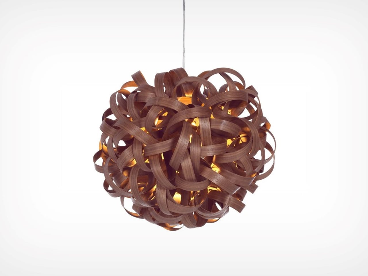 Tangled brown wooden ball pendant lamp glowing from within, hanging from a cord.