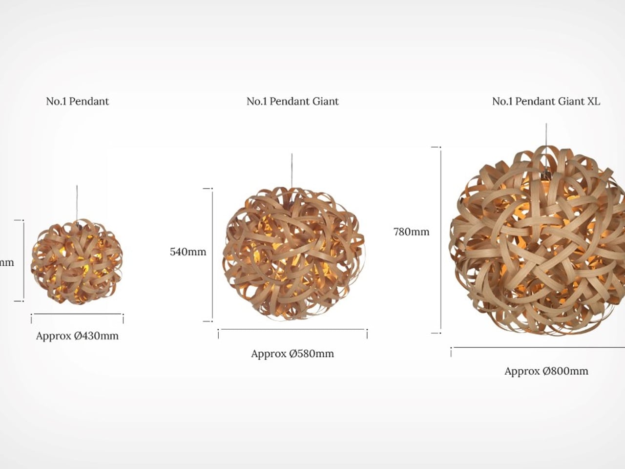 Diagram showing three woven spherical pendant lights: No.1 Pendant (Ø430mm), No.1 Pendant Giant (Ø580mm), No.1 Pendant Giant XL (Ø800mm) with height measurements.