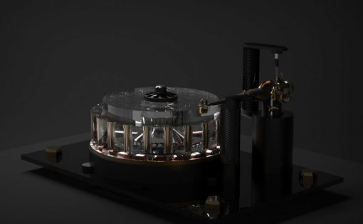 Luxurious mechanical device with a clear cylindrical centerpiece surrounded by metal components on a glossy black platform in a dark studio setting.