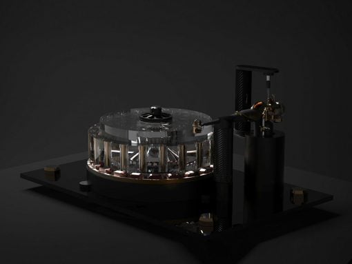 Luxurious mechanical device with a clear cylindrical centerpiece surrounded by metal components on a glossy black platform in a dark studio setting.