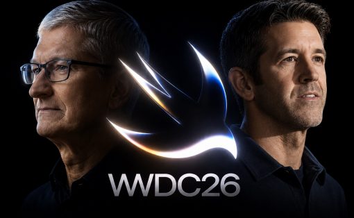 Two men facing opposite directions against a black background, with a glowing bird logo and 'WWDC26' text below.