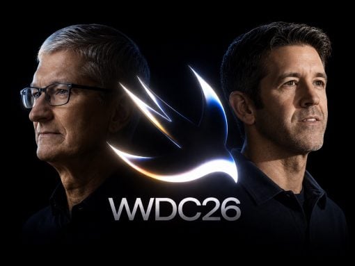 Two men facing opposite directions against a black background, with a glowing bird logo and 'WWDC26' text below.
