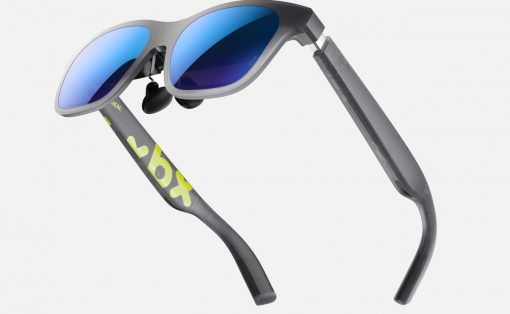 Xbox-branded gray sport sunglasses with blue mirrored lenses and curved arms, angled for a sleek athletic look