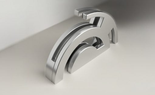 Shiny silver 3D arches forming a stylized Wi‑Fi symbol on a light background.