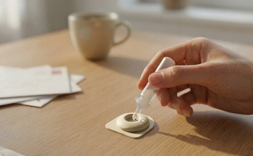 Hand using a dropper to apply liquid to a round adhesive patch on a wooden table with a mug in the background.