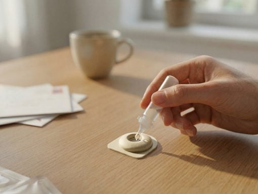 Hand using a dropper to apply liquid to a round adhesive patch on a wooden table with a mug in the background.