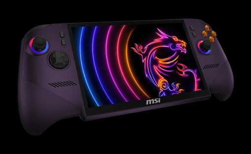 Purple handheld gaming console with neon dragon on screen, MSI logo visible, gamepad controls on sides.