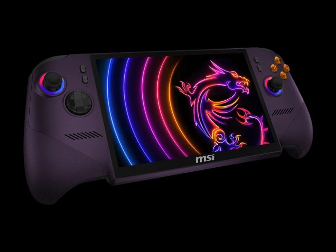 Purple handheld gaming console with neon dragon on screen, MSI logo visible, gamepad controls on sides.